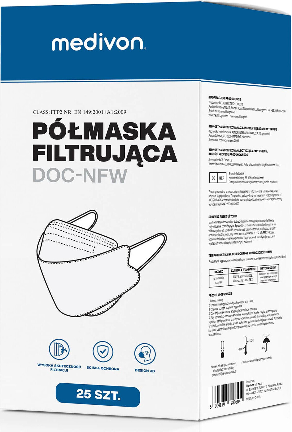 Ochranné masky Medivon, DOC FFP2, 3D rybí dizajn, 25 kusov