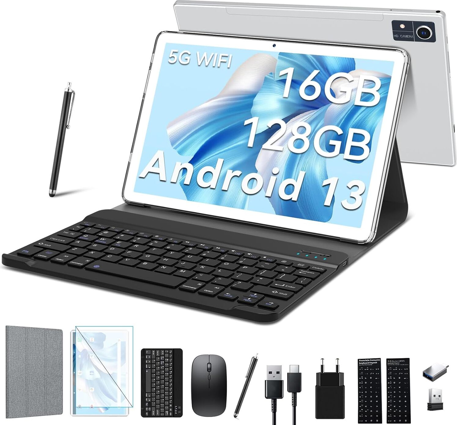 Tablet 10 palcov, 5G Wifi Android 12 Tablet s 16GB RAM + 128GB ROM (1TB TF), 2 v 1 Tablet s klávesnicou Myš Pero Octa-Core2.0Ghz | 7000mAh | 1080FHD