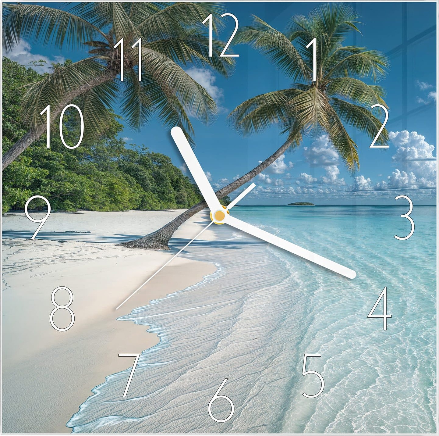 Primedeco Wanduhr aus Glas mit Motiv Strandurlaub- 30 x 30 cm - inkl. Aufhängesystem