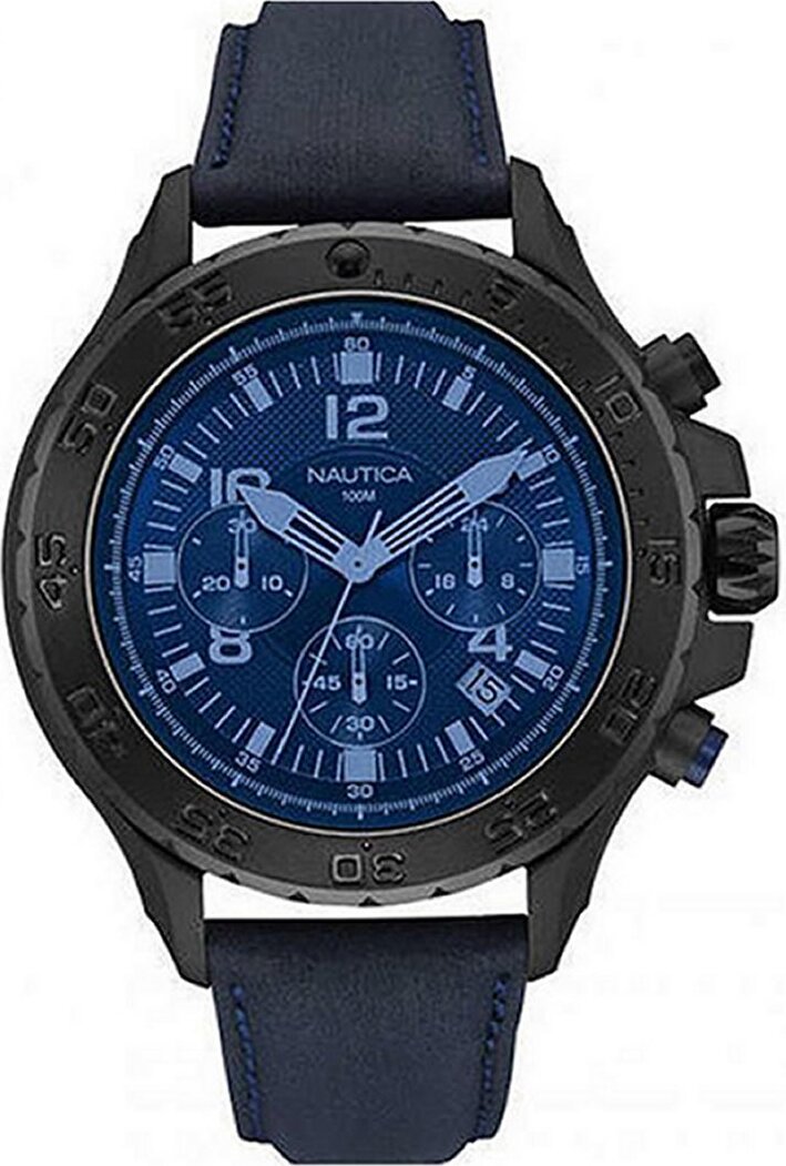 Nautica NAI21008G NST 01 Chronograph black blue leather strap watch men NEW