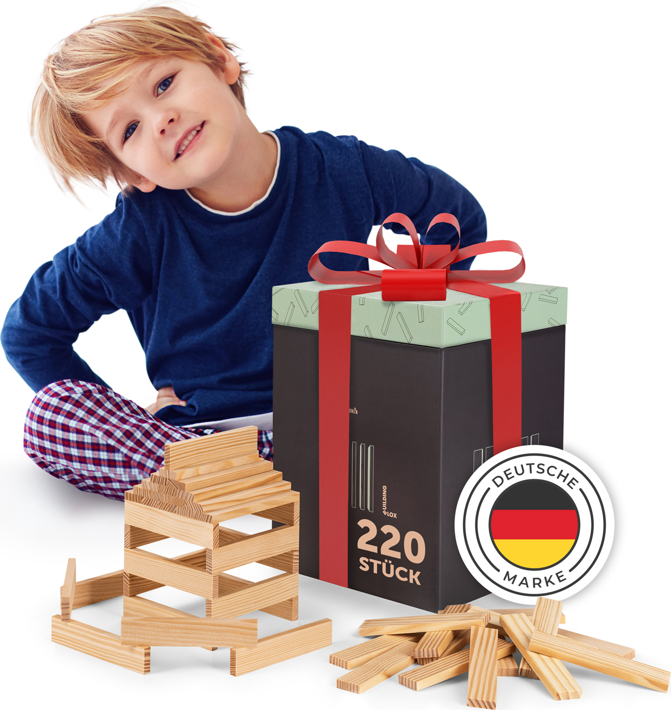 Laleni 220 Holzbausteine Natur - Bauklötze mit Box, Bausteine Holz, Holzbaukasten