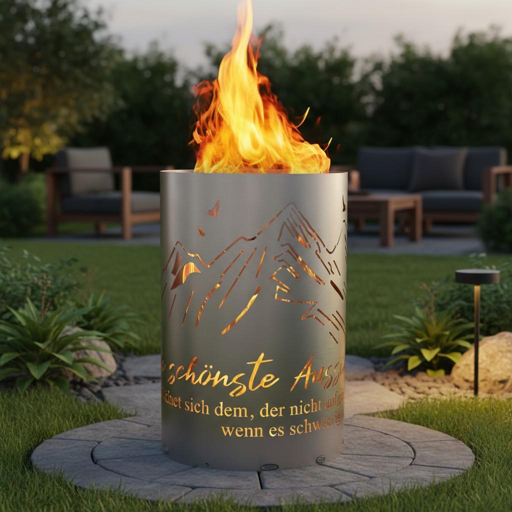 TiKo-Metalldesign GmbH Feuertonne, Feuerkorb, Feuerschale mit Motiv BERGE - Die schönste Aussicht ergibt sich dem, der nicht aufgibt, wenn es schwierig wird" 0006-111