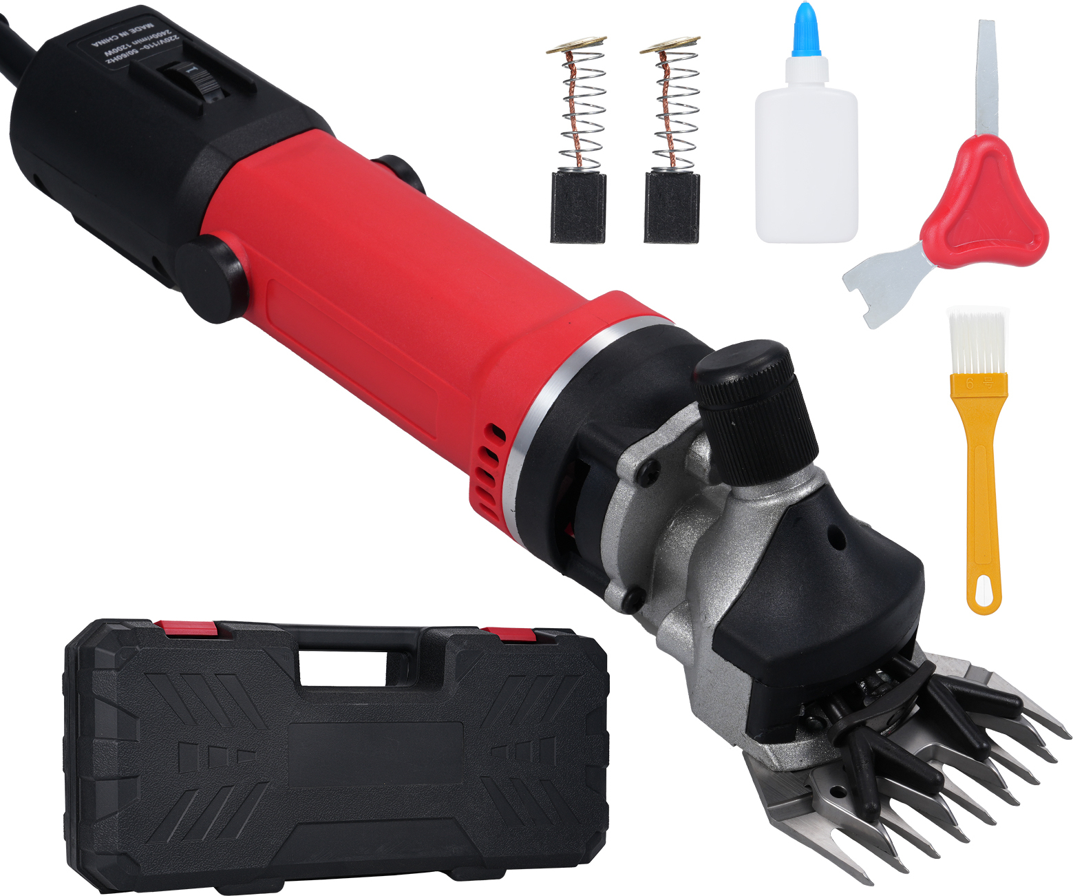 Elektrický strihací strojček na ovce, 1200 W, vysoko výkonný strihací strojček na ovce, 6 rýchlostí, 2400 ot/min, s 9-zubovým nožom, vhodný na ovce, kozy, ťavy a alpaky, červený, zástrčka EÚ