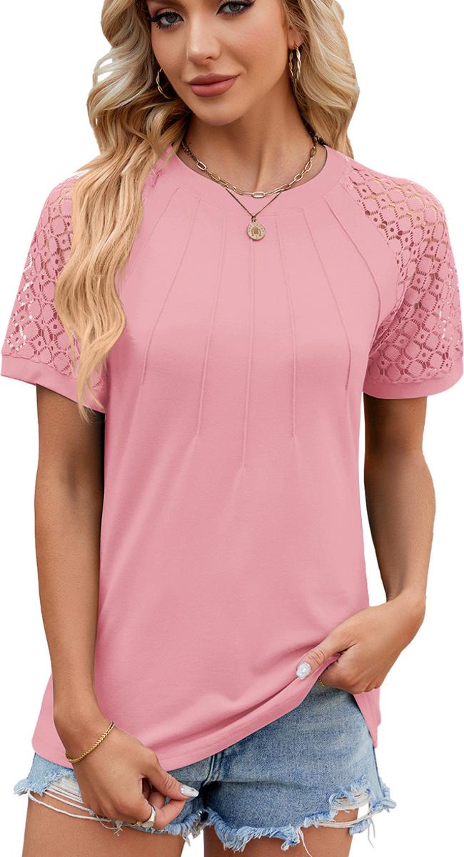 Meoiruery Damenmode Tops Rundhalsausschnitt Sexy Patchwork Spitze Kurzarm T-Shirts Lässige Strickblusen KAU-ER-LYS-PH-20251016-264