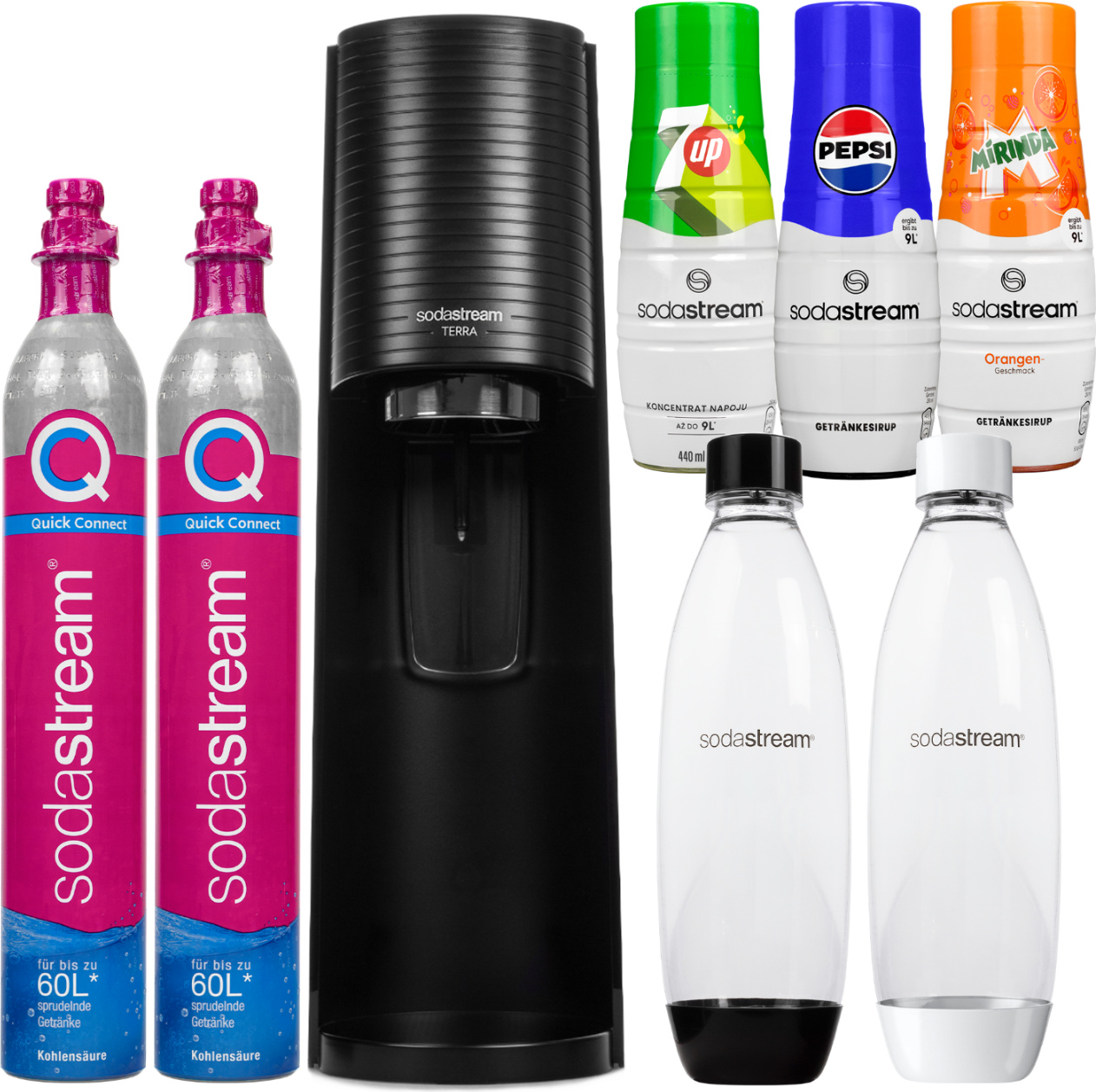 Výrobník perlivej vody SodaStream Terra Black + 2 fľaše, čierna/biela, 1 l + sirupy Pepsi, Mirinda, 7UP + kartuša CO2 SodaStream QuickConnect