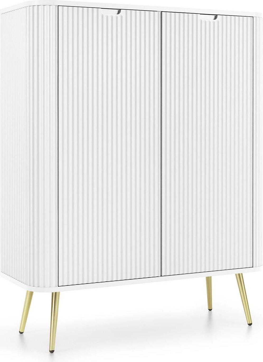 Ravio Hohe Kommode Porto 103 cm Weiß Zweitürig mit Gerillten Fronten auf Goldenen Metallfüßen