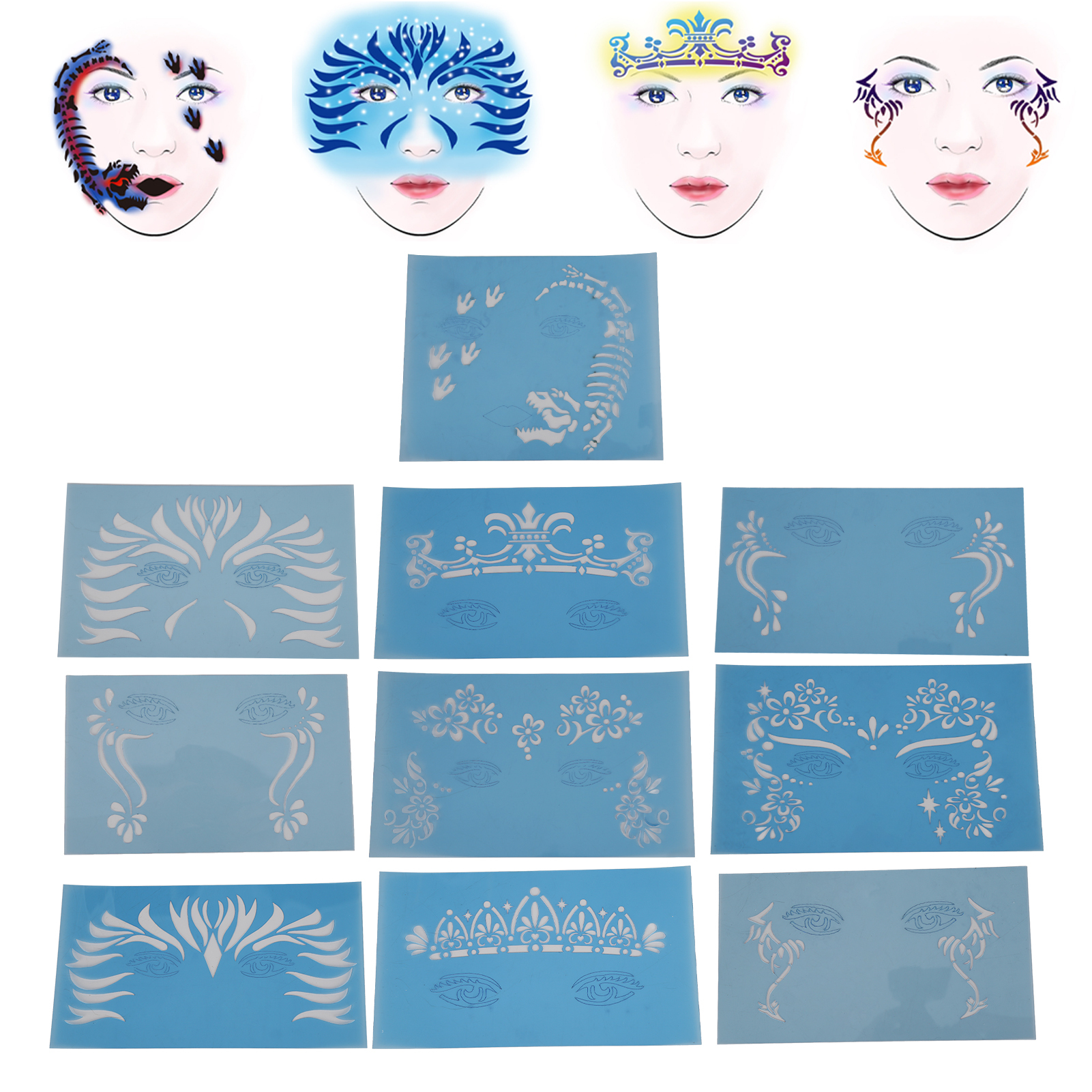 Cocosity 10 Blatt Gesichtsbemalungsschablone, PET-Feiertag, Halloween-Make-up, Gesichtsbemalungsvorlage für Bühnenauftritte FA30, FA31, FA32, FA33, FA34, FA35, FA36, FA37, FA38, FA39