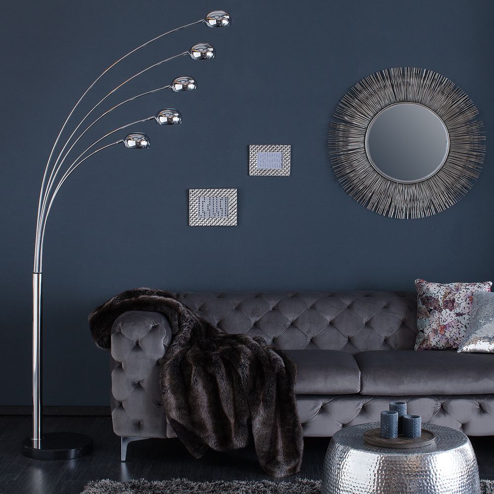 cagü: XL Design Stehlampe TULIPA Chrom glänzend mit Marmorfuß Schwarz 205cm Höhe 1575-0323