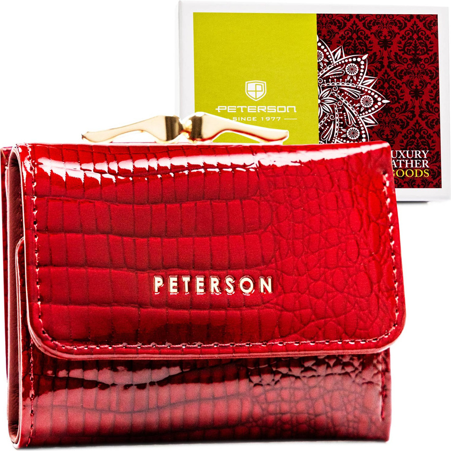 Peterson | Kleines Portemonnaie, für Damen, in Rot, in horizontaler Ausrichtung, mit Krokodillederprägung, 10x7.5 cm