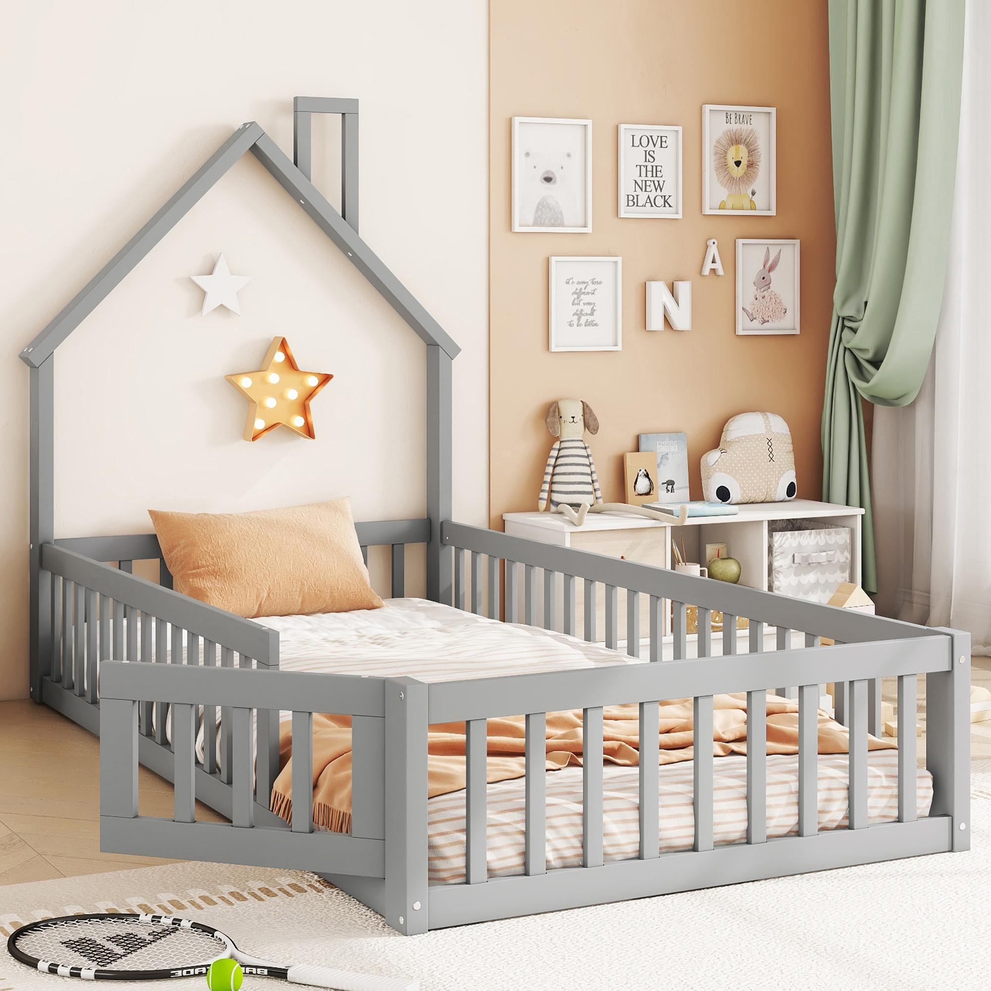UnboxG Hochbett, 90 x 200 cm, Kinderbett in Kaminform, Lattenrost (ohne Matratze), Kiefernwald, minimalistischer Stil, grau