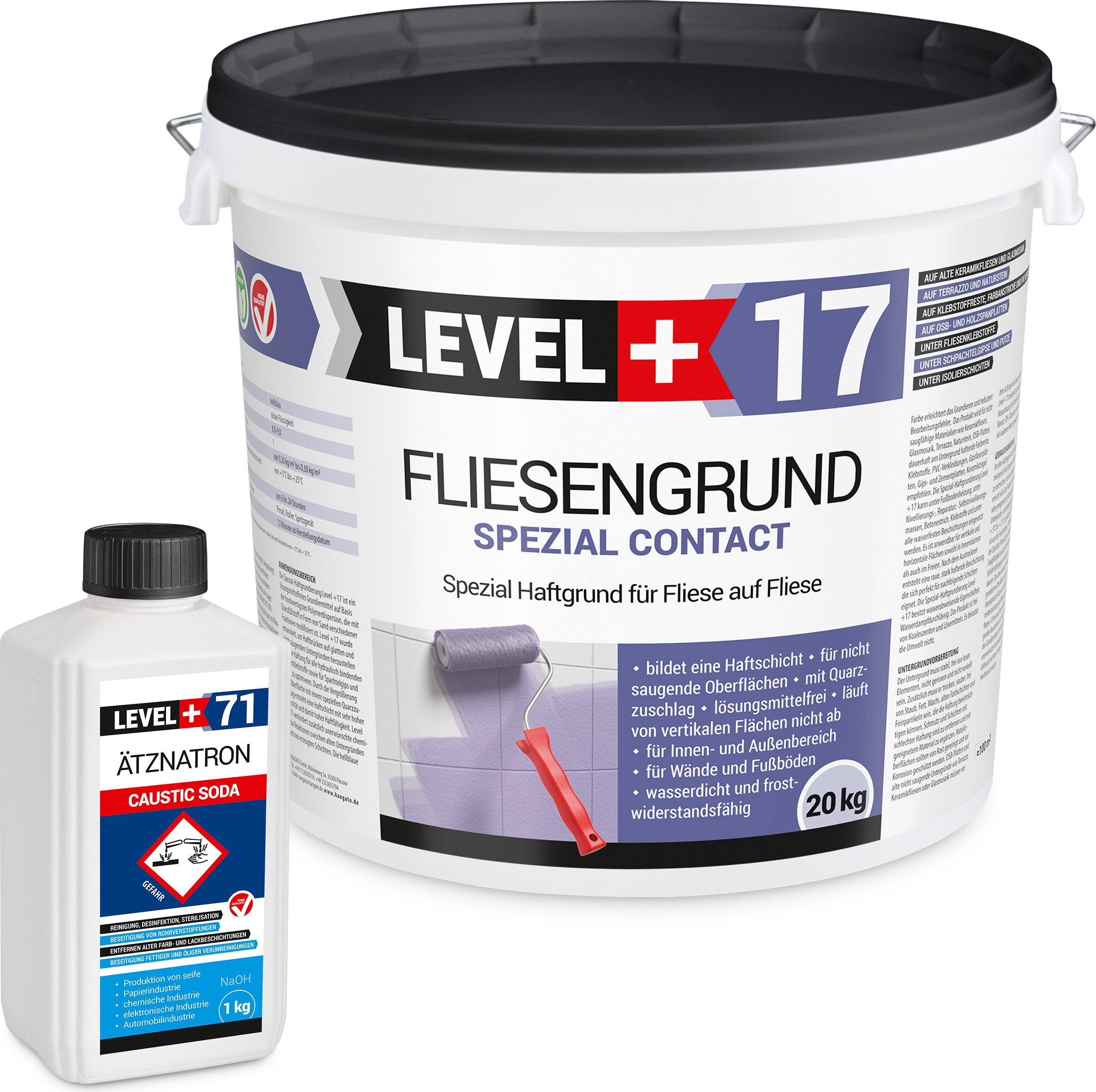 Hangato GmbH Fliesengrund 20kg Fliese auf Fliese Spezial-Haftgrund Quarzgrund Spezial Contact + Entfetter Reiniger Ätznatron 1kg LEVEL+ Set RM17 RM17_20_CS