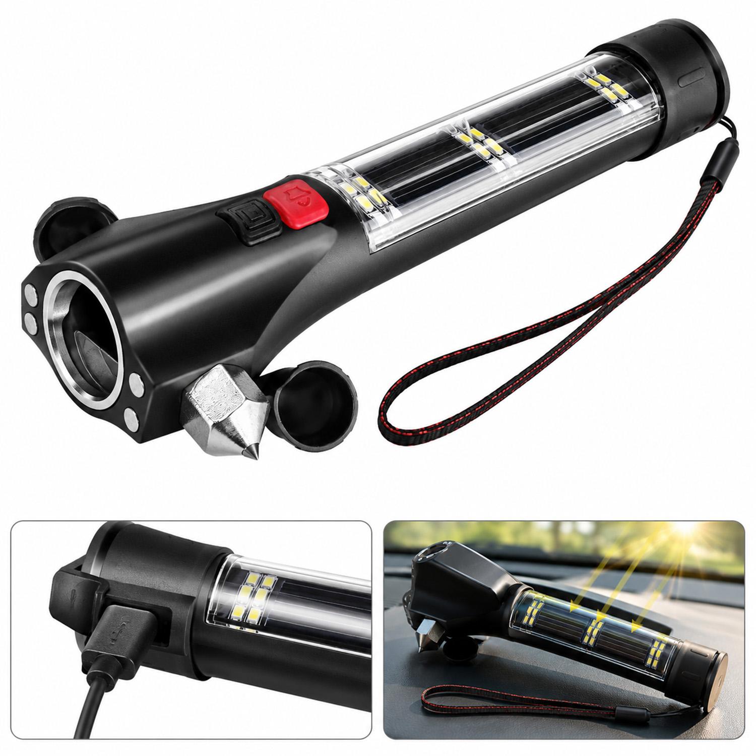 Slyrun Auto-Notfallhammer mit USB- & Solar-Ladung, Hochhell-LED, COB-Seitenlicht, Gurtschneider, Glaszertrümmerer, SOS-Alarm, Magnetisch, Tragbar, 3000mAh KAUF-VIST-AM1794-024