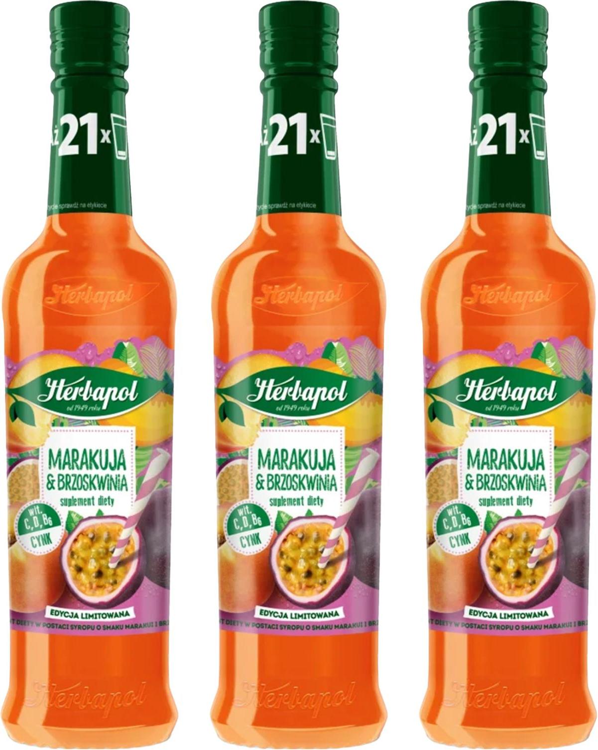 Herbapol Maracuja Pfirsich Sirup 3x 420ml - Getränkesirup für Wasser Fruchtsirup