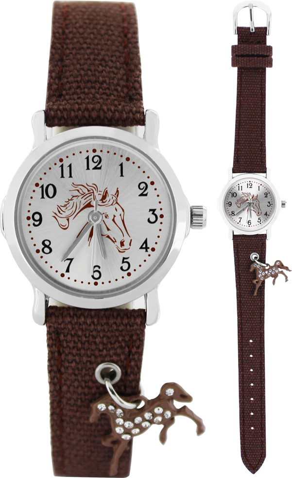 crystal blue Kinder Armbanduhr Mädchen mit Pferde Charm wasserdicht braun Textil 200153