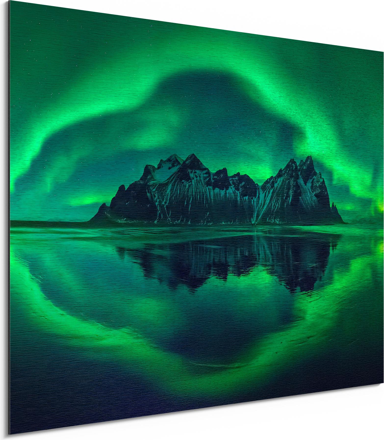 DEQORI Alu-Dibond Bild Silber 40x30 cm 'Vestrahorn im Polarlicht' Wandbild Metall dünn AD-40-30-S-1121-UV