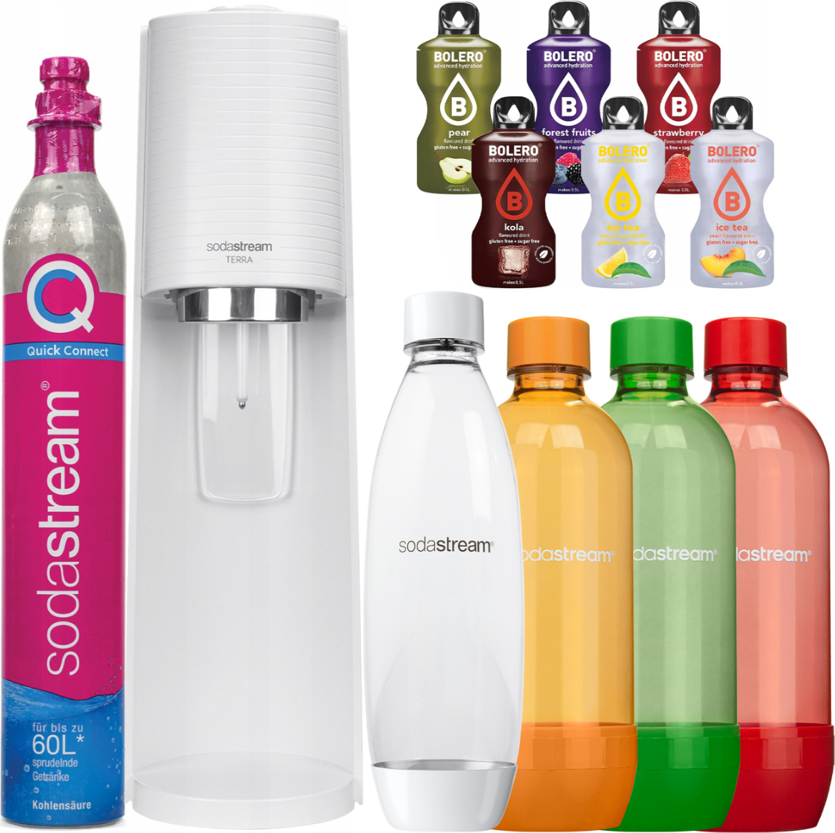 Výrobník sody SodaStream Terra White + 1 fľaša biela + fľaša 3x1L oranžová/zelená/červená