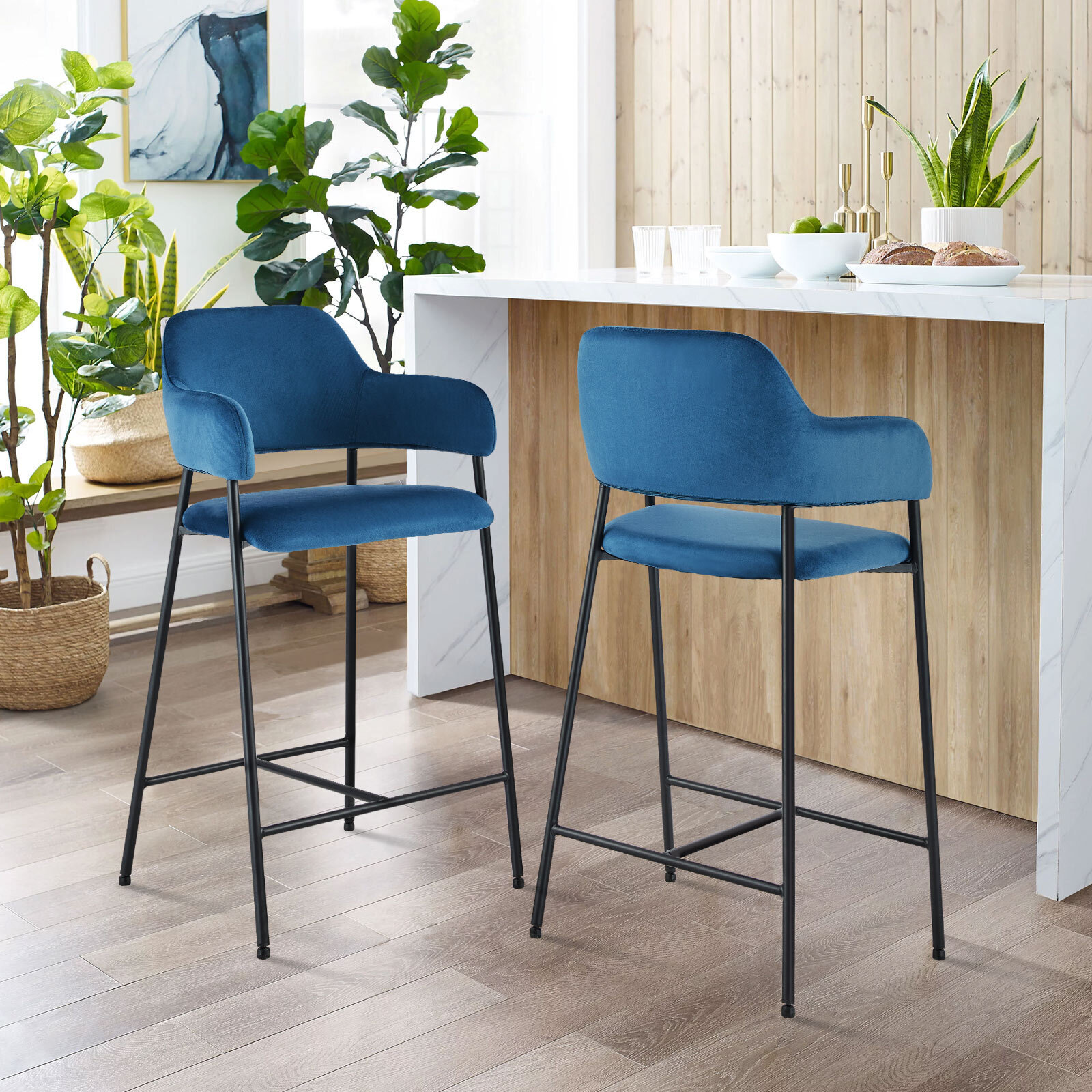 CLIPOP Barhocker 2er Set – Samt Gepolstert, Mit Armlehnen & Metallbeinen, Grün