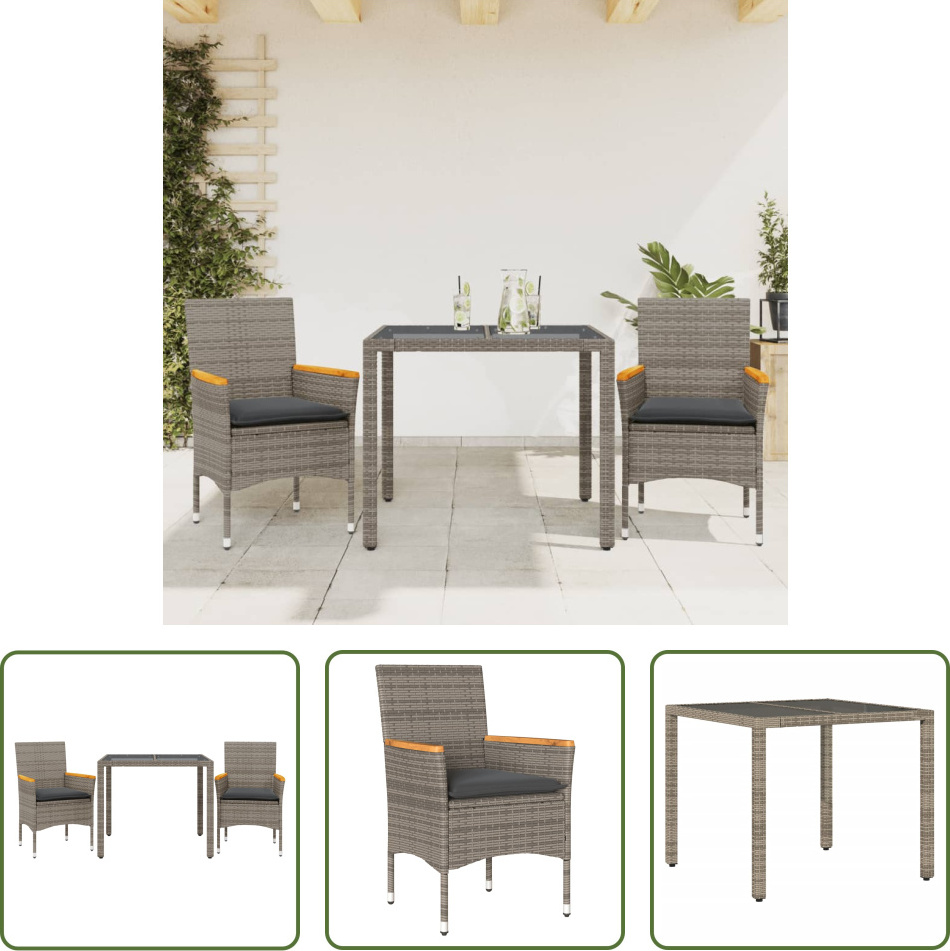 The Living Store 3-dielny záhradný jedálenský set s vankúšmi sivý polyratan a sklo
