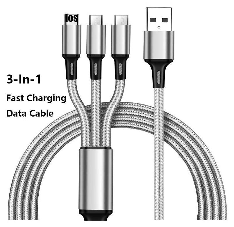 3-v-1 nabíjací kábel – odolný viacúčelový kábel s konektormi USB-C, Micro a pre iPhone – strieborný / 1 ks