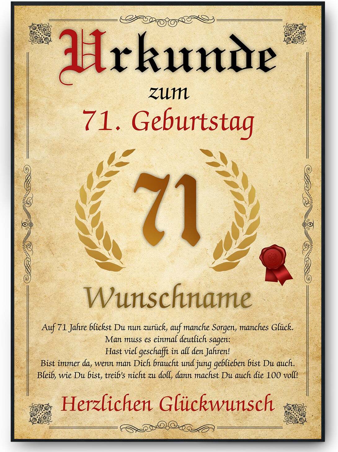 Tigerlino® Urkunde zum 71. Geburtstag personalisiertes Geschenk Jahrgang 1954 Geburtstagsurkunde 71 Jahre Geburtstagsgeschenk – DIN A4 (21x29.7cm)