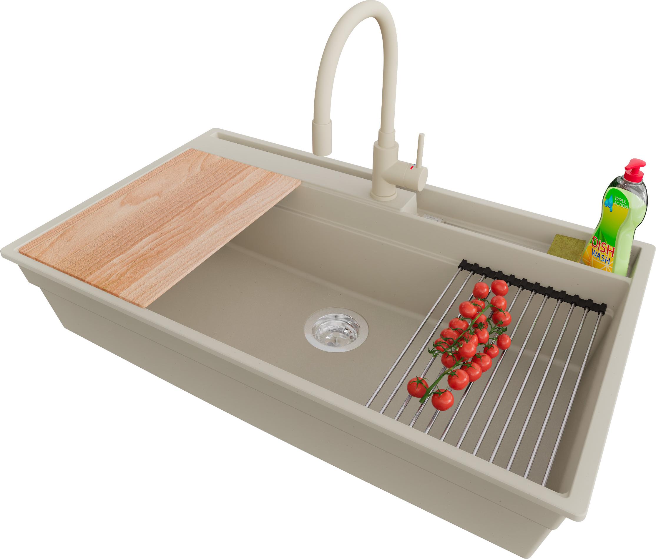 PRIMAGRAN Granitspüle Beige 88x53cm, Spülbecken 1 Becken + Ablauf-Set + Küchenzubehörset, Küchenspüle ab 90er Unterschrank - Oslo Pocket