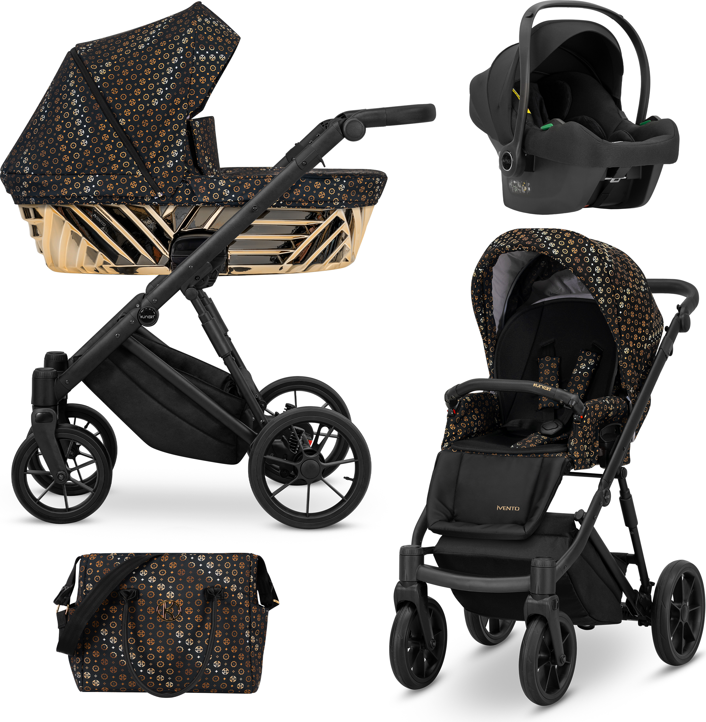 Kunert Kinderwagen IVENTO GLAM Sportwagen Babywagen Babyschale Komplettset Kinder Wagen Autositz Set 3 in 1 (Black Style, Rahmenfarbe: schwarz)
