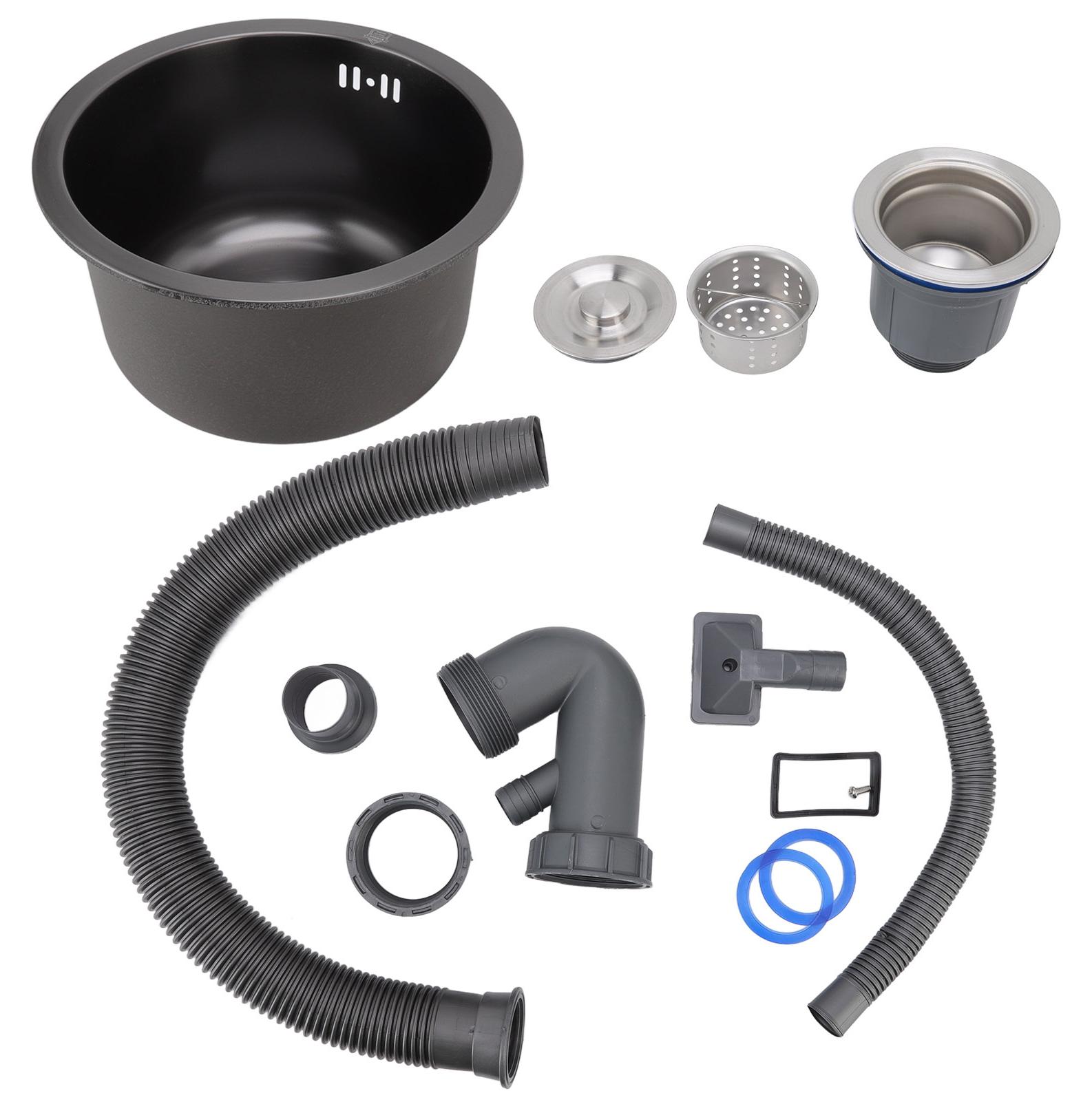 Gistuch Mini Round Küchenspüle Bar Edelstahl -Einzugsschüssel mit Abflusszubehör für Zuhause schwarz
