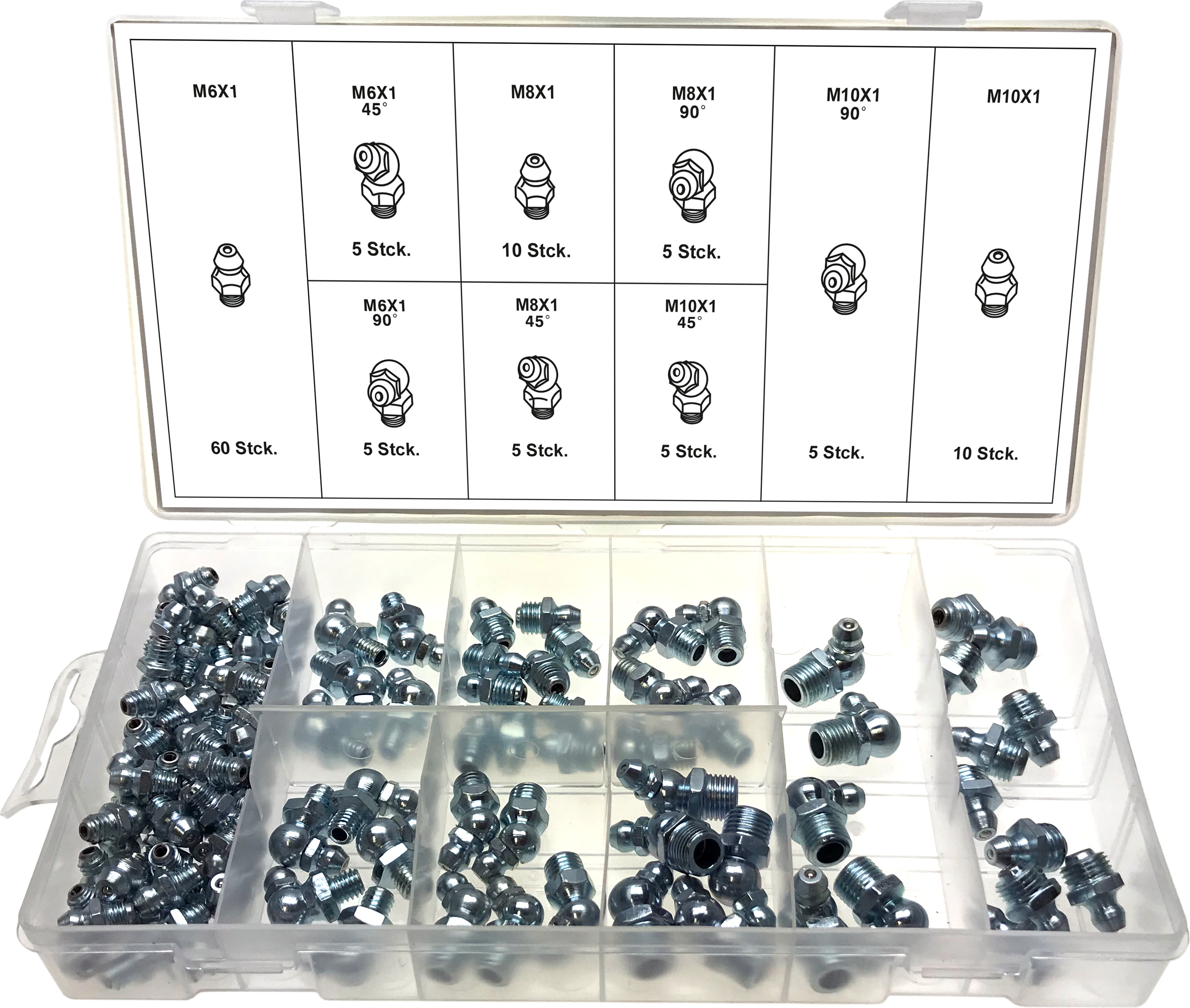 ALKAN Schmiernippel-Set Fettnippel Kegelschmiernippel M6 M8 M10 gerade 45° 90° 110-tlg