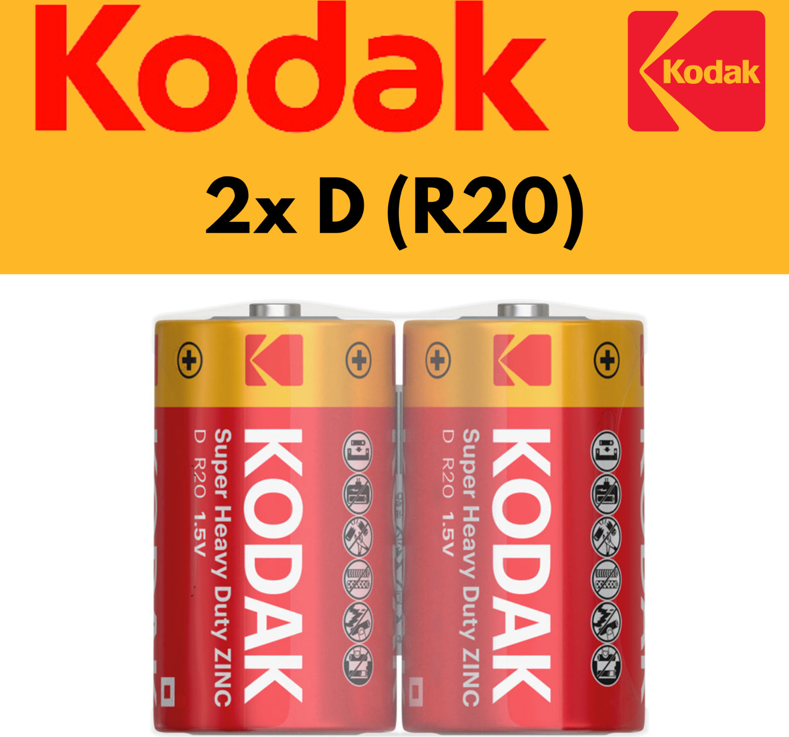 Kodak Batterien, D Mono 2er Pack, Markenqualität, R20, Zink Kohle, 1,5V