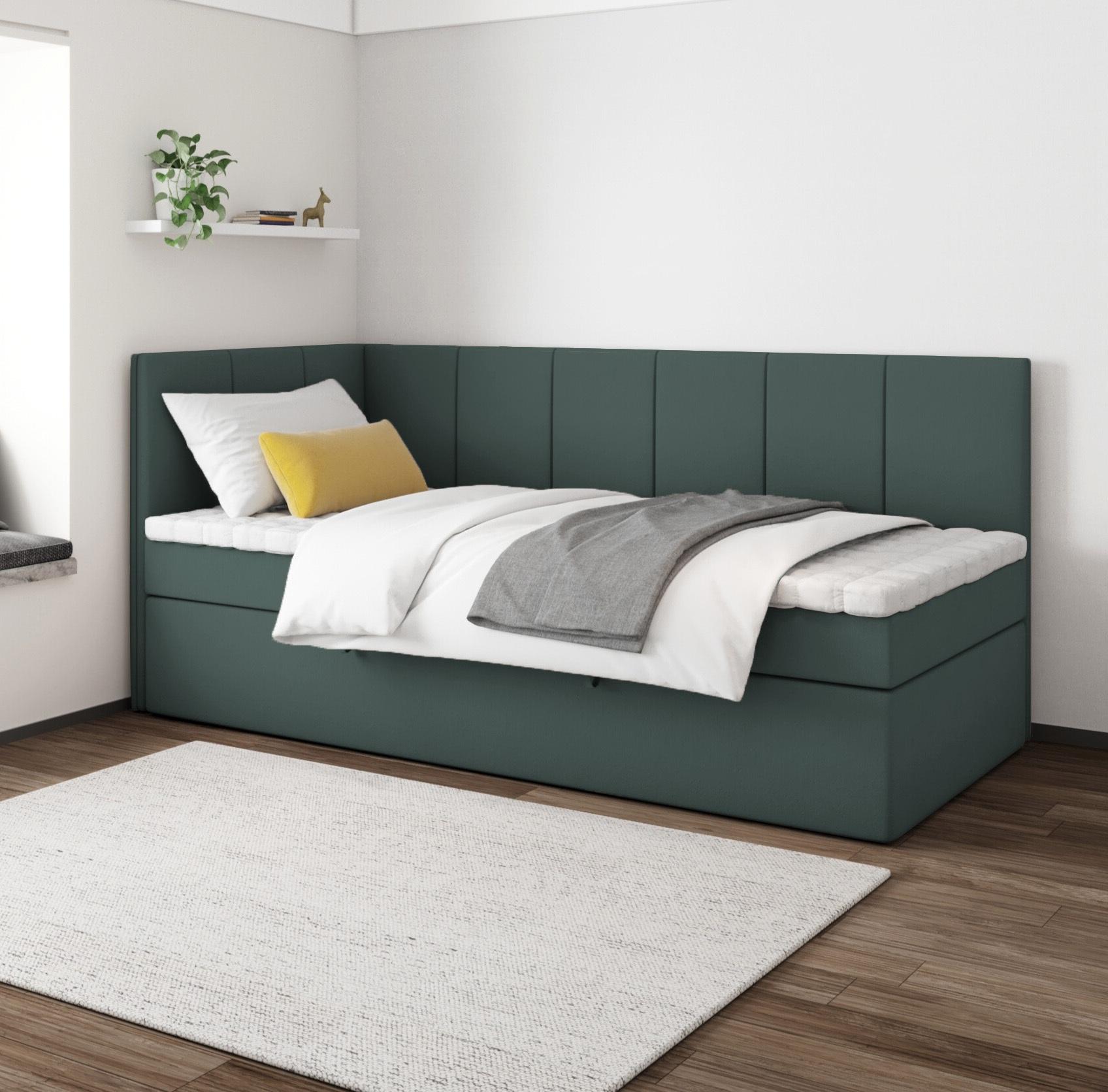 Boxspringbett POLA 80x200 cm, T25 Topper, Kinderbett, Jugendbett, Einzelbetten, Bett, Stauraum Polsterbett, Matratze H3, LINKS (Grün - Itaka 10)