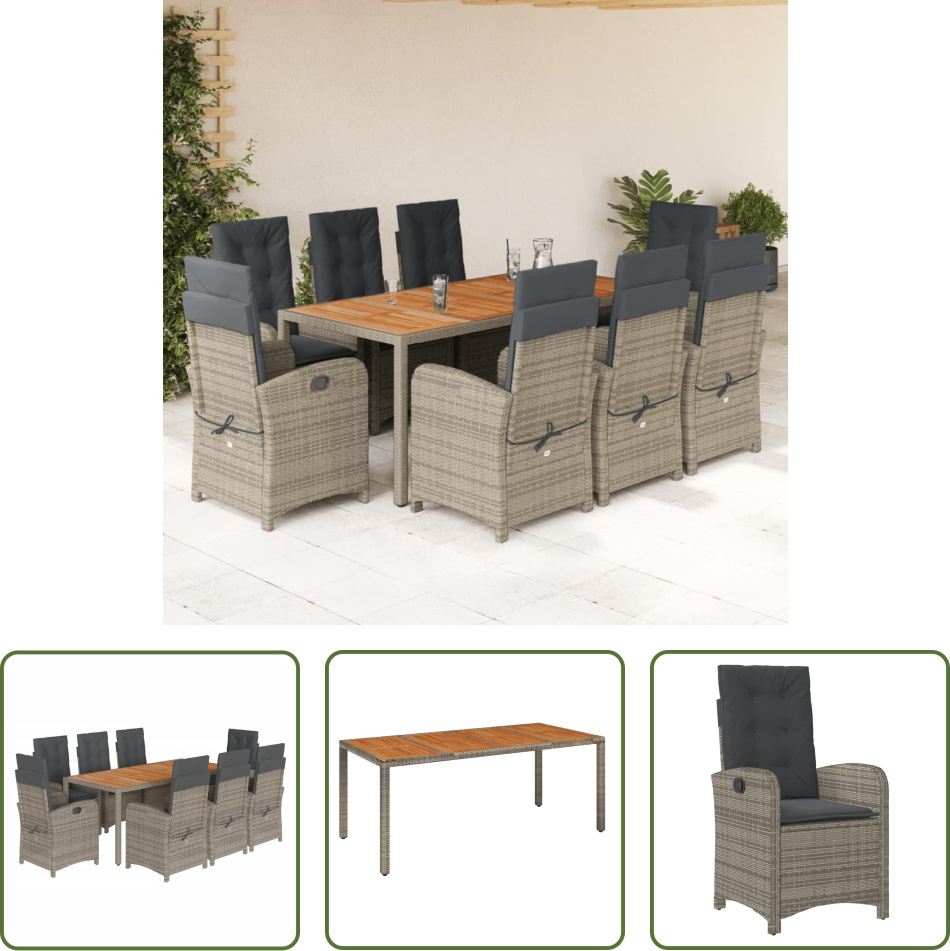 The Living Store 9-dielny záhradný jedálenský set s vankúšmi sivý polyratan