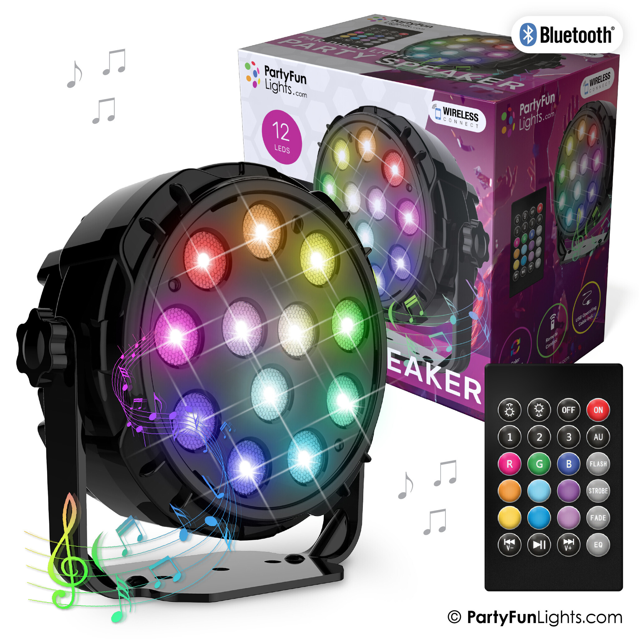 PartyFunLights 12 LED PAR diskotékové svetlo párty reproduktor s diaľkovým ovládaním