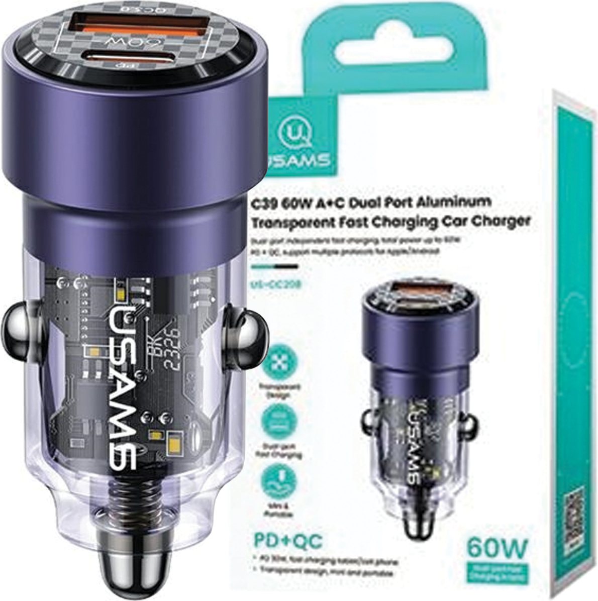 Usams Lad. Sám. C39 Usb+Usb-C 60W Rýchle Nabíjanie Fialová/Fialová Cc208Cc02 (Us-Cc208)