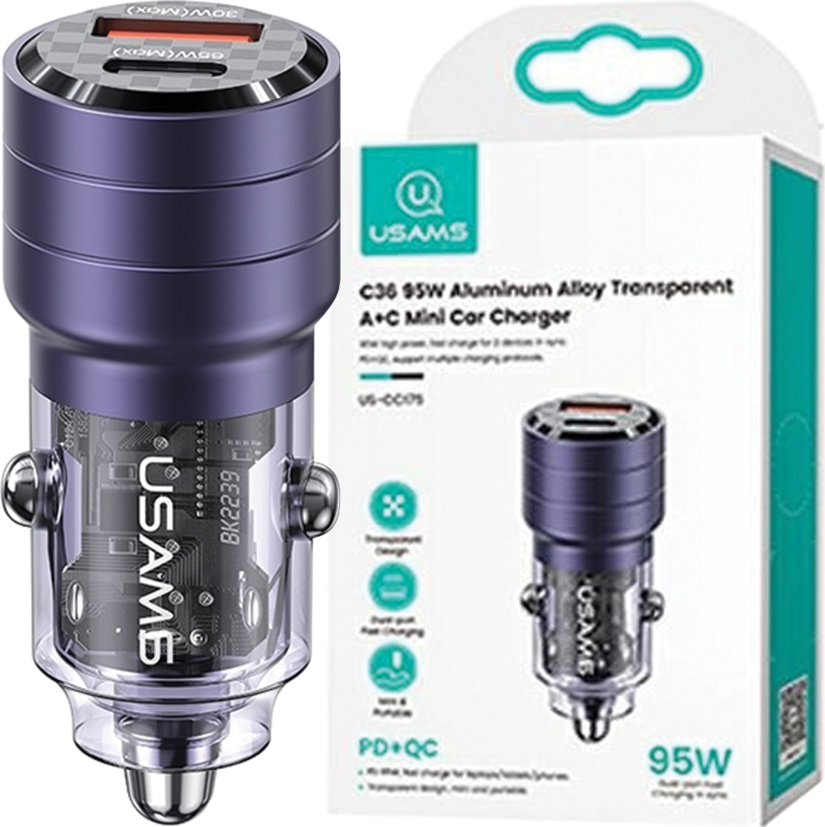 Usams Lad. Sám. C36 Usb+Usb-C 95W Rýchle Nabíjanie Fialová/Fialová Cc176Cc02 (Us-Cc176)