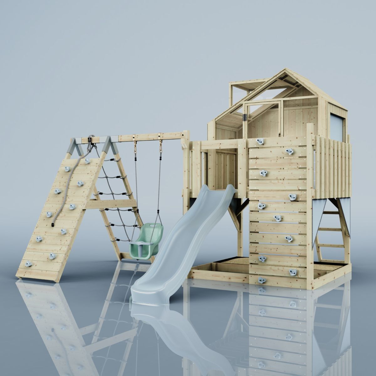 OutdoorToys Outdoor Spielturm mit Wellenrutsche, Spielhaus aus Holz mit Kletterwand, Kletternetz, Ausführung: Babyschaukel, Farbe: Eisblau, mit Babyschaukel O4.5.00299.9