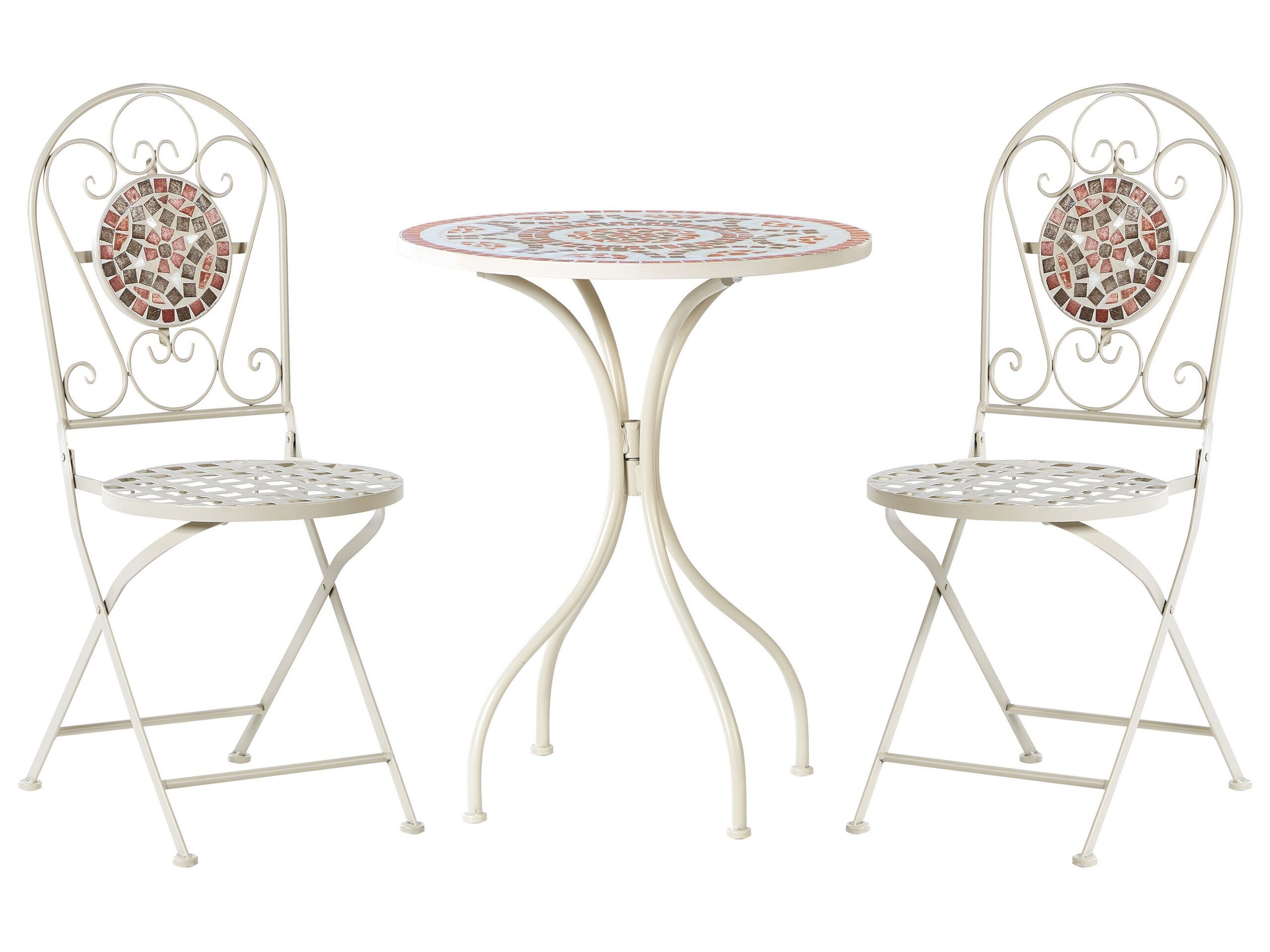 BELIANI Záhradná bistro sada biela kov okrúhly stôl 2 skladacie stoličky mozaikový vzor vintage štýl záhrada exteriér