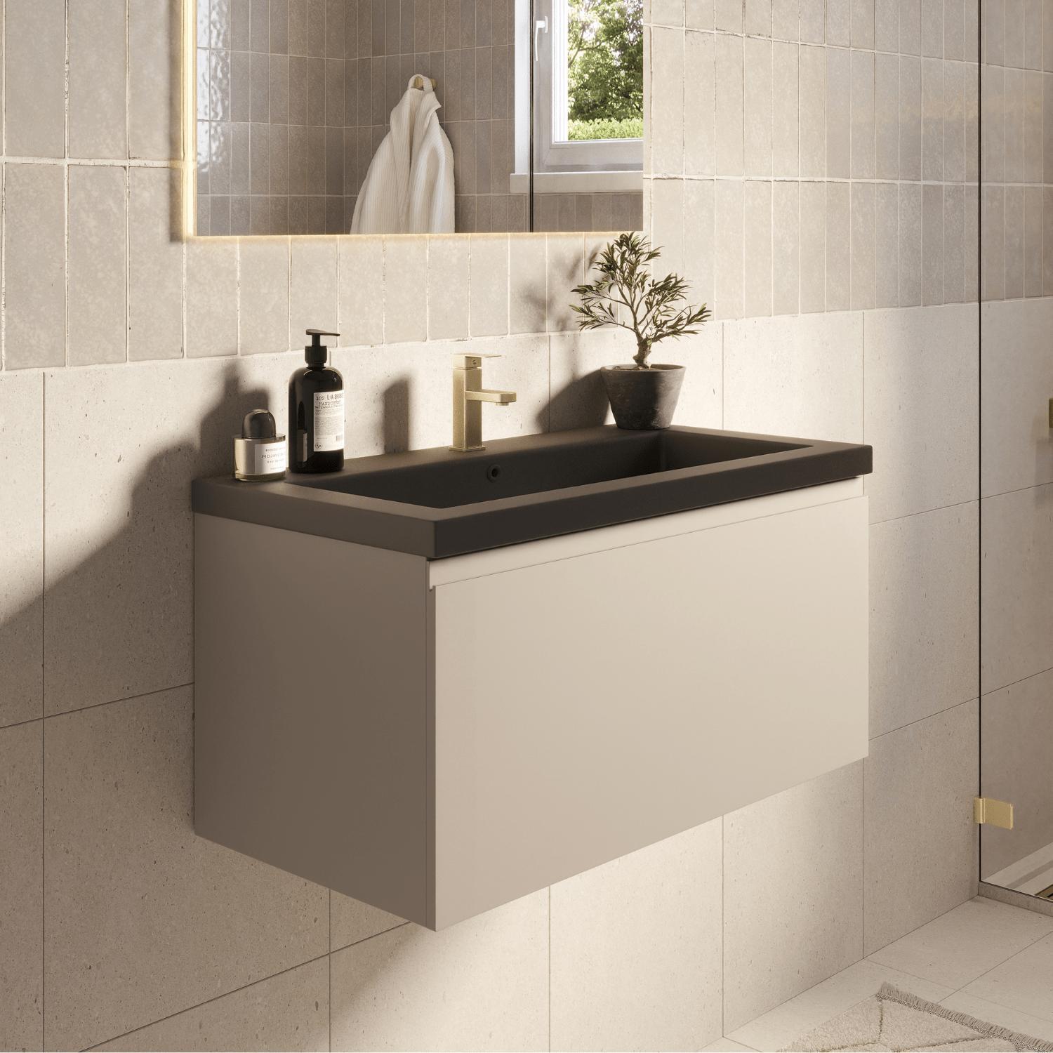 LOMAZOO Badezimmermöbel Greige 80cm - Schwarzes Waschbecken - Beige-graues Waschbeckenmöbel - Schwebender Waschbeckenunterschrank [MODENA] MOD-BE-WZ-80