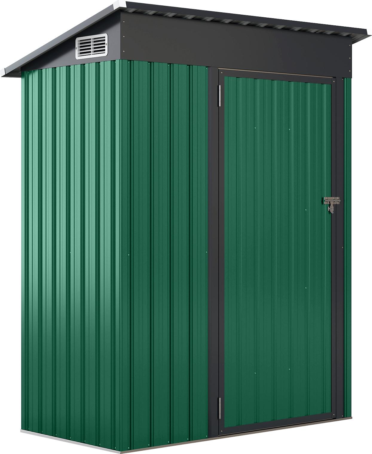Kovový záhradný domček COSTWAY, 150 x 90,5 x 185 cm | 1,5 m³, domček na náradie s jednoplášťovou strechou a dverami, uzamykateľný domček na náradie, záhradný domček zelený