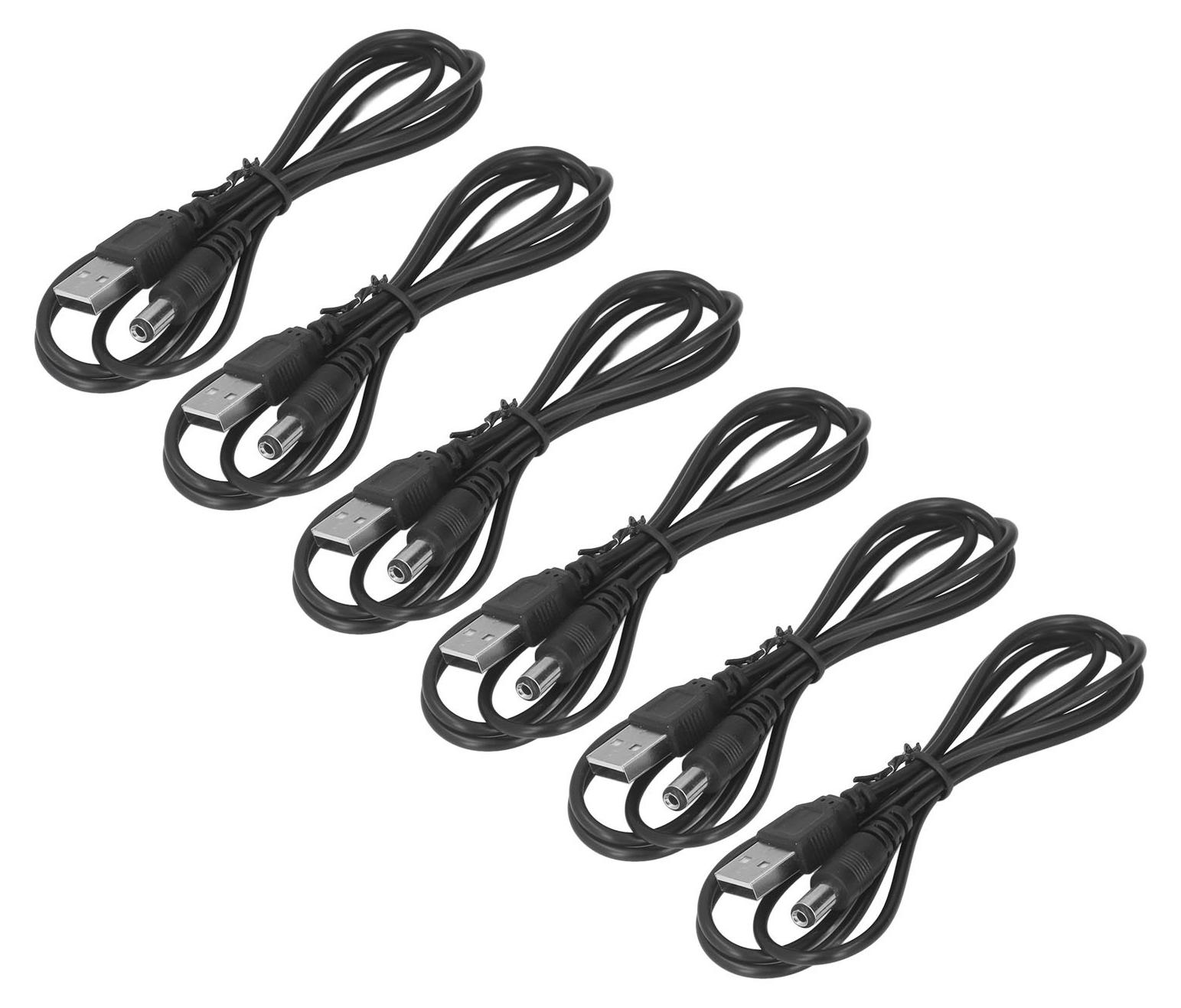 6 ks 5V DC napájací kábel USB 2.0 A samec na 5,5x2,1 mm nabíjací konektor čierny