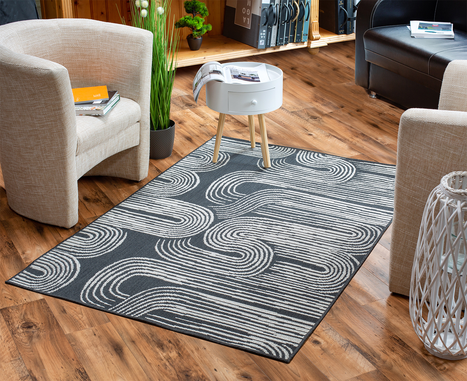 DomDeco In- & Outdoor Teppich JIONI - KURVIGO, Schwarz-Beige, 200 x 290 cm