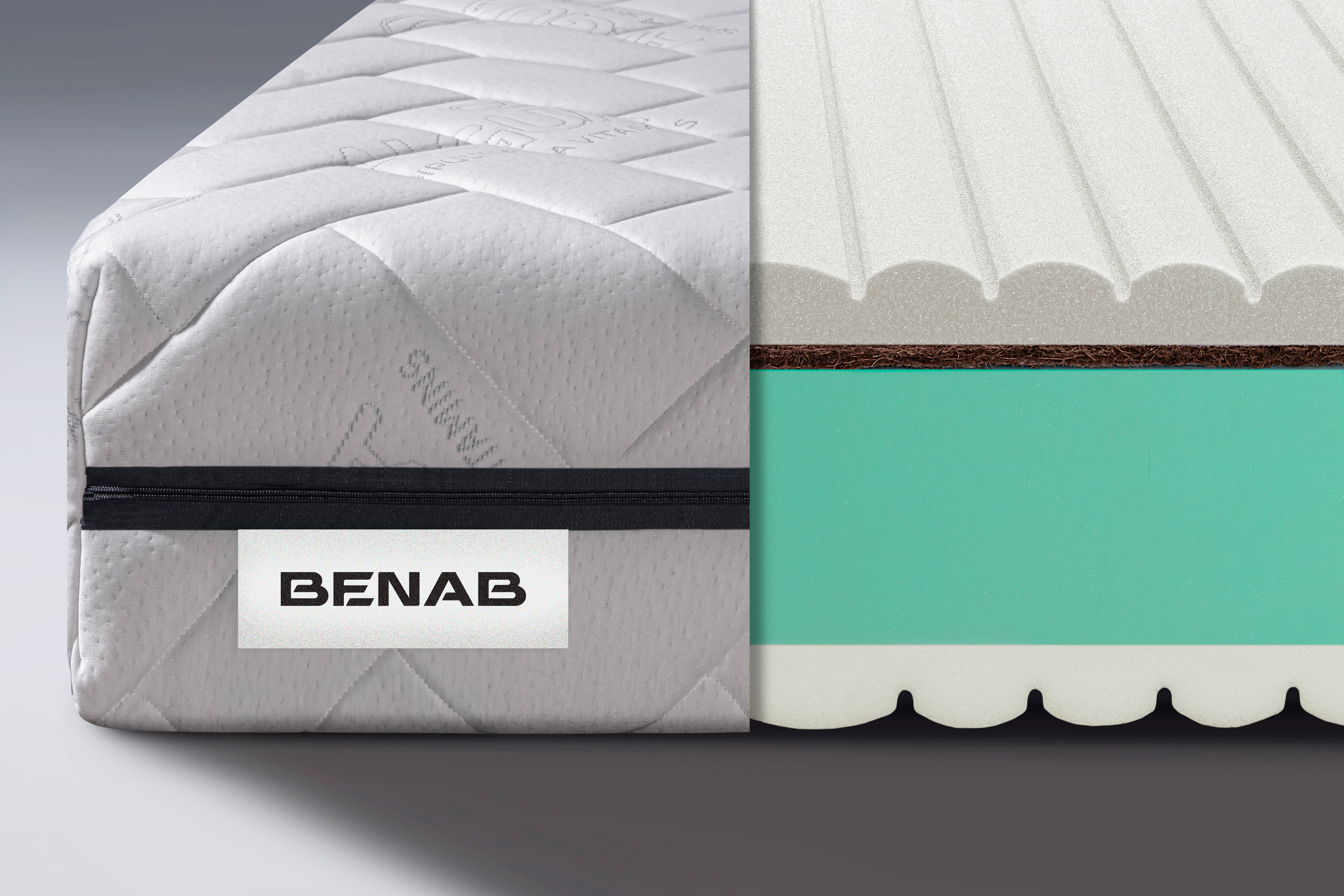 Kaltschaummatratze Benab King Bio&Natural 23 Longlife Matratze 90 x 200 cm H3 / H5 hart 23 cm hohe Kaltschaummatratzen, Algua Spirulina, BIO-Schaum, Kokosschicht, HR-Schaum, 7-Zonen-Profilierung, Kanälenprofil, Partnermatratze, Hot Melt,