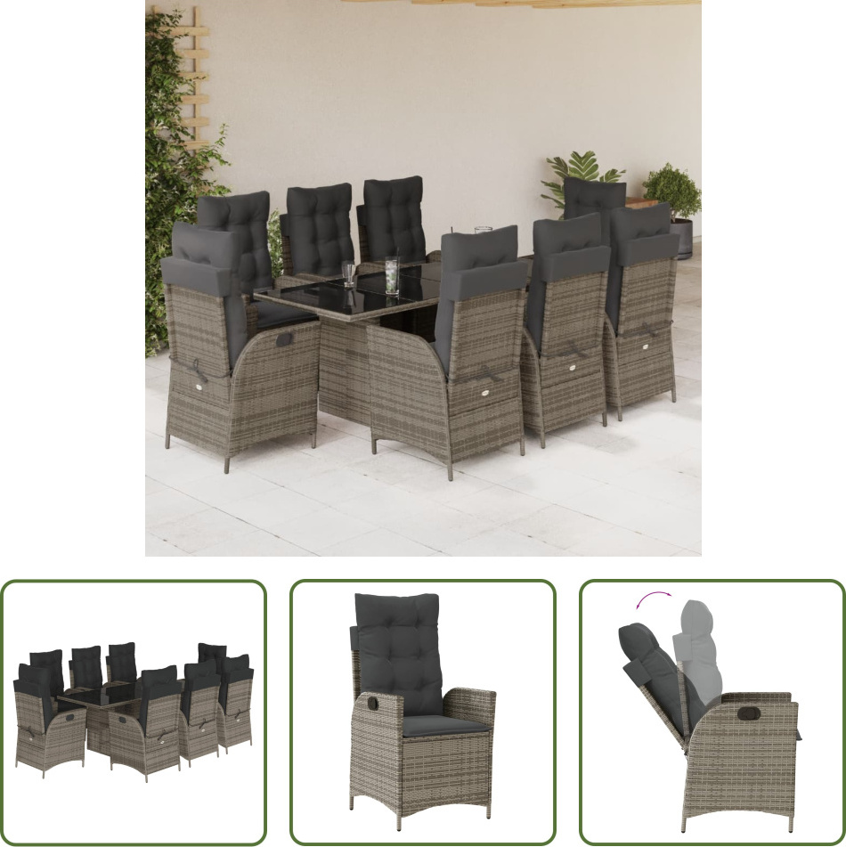 The Living Store 9-dielny záhradný jedálenský set s vankúšmi sivý polyratan