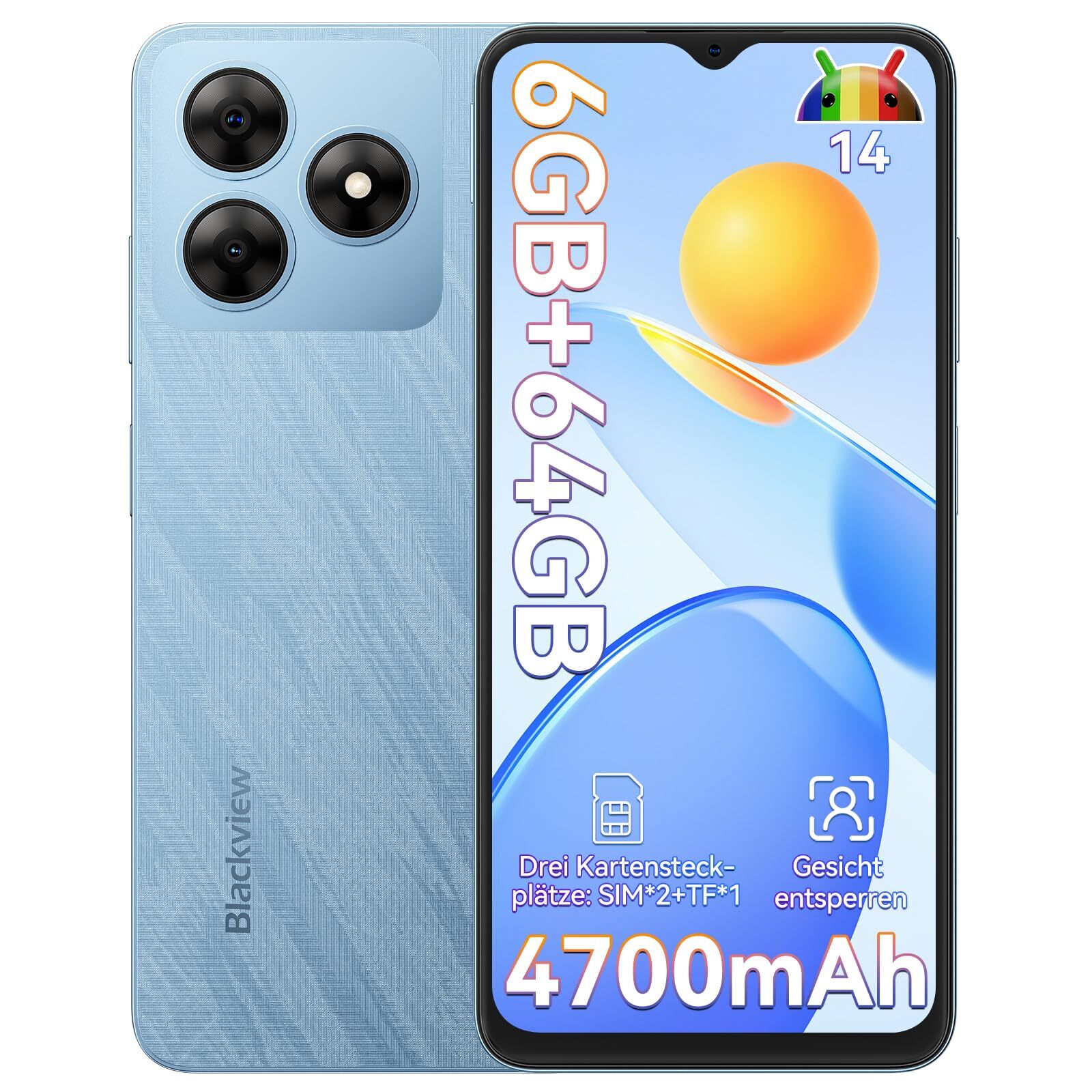 Blackview Wave8C 6,56" smartfón bez zmluvy 6GB+64GB, Dual SIM 4G mobilný telefón, 4700mAh batéria, Fingerprint/Face ID/GPS/5G WiFi, modrá