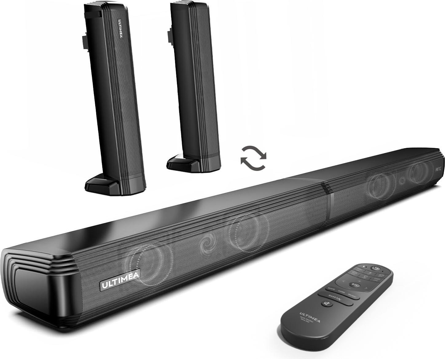 ULTIMEA Soundbar 2.2-kanálový, 2 v 1, odnímateľný dizajn, zabudované 2 výškové a nízkofrekvenčné reproduktory, Bluetooth 5.3, ARC, optický, AUX a USB
