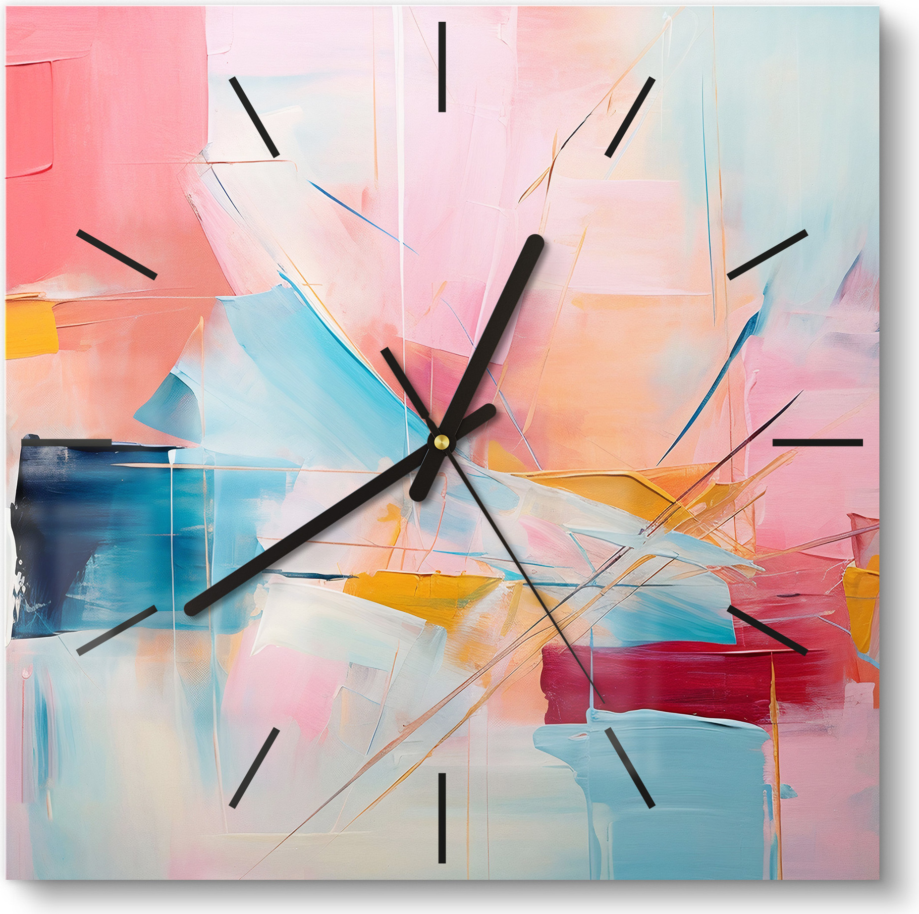 DEQORI Glasuhr 30x30 cm Modern 'Choreografie der Farben' Wanduhr Glas Uhr Design leise Küchenuhr WC-30-30-M-3726