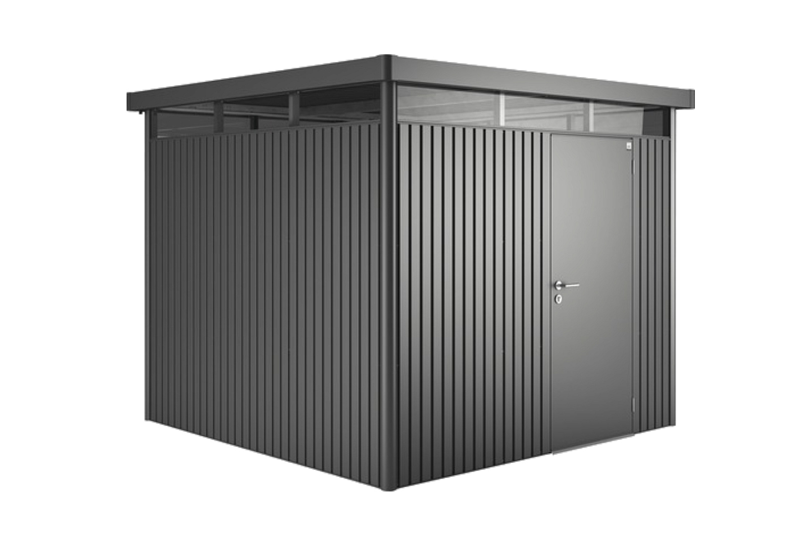 Plechový záhradný domček Biohort HighLine H4 jednokrídlové dvere 254x254 cm tmavosivý metalický