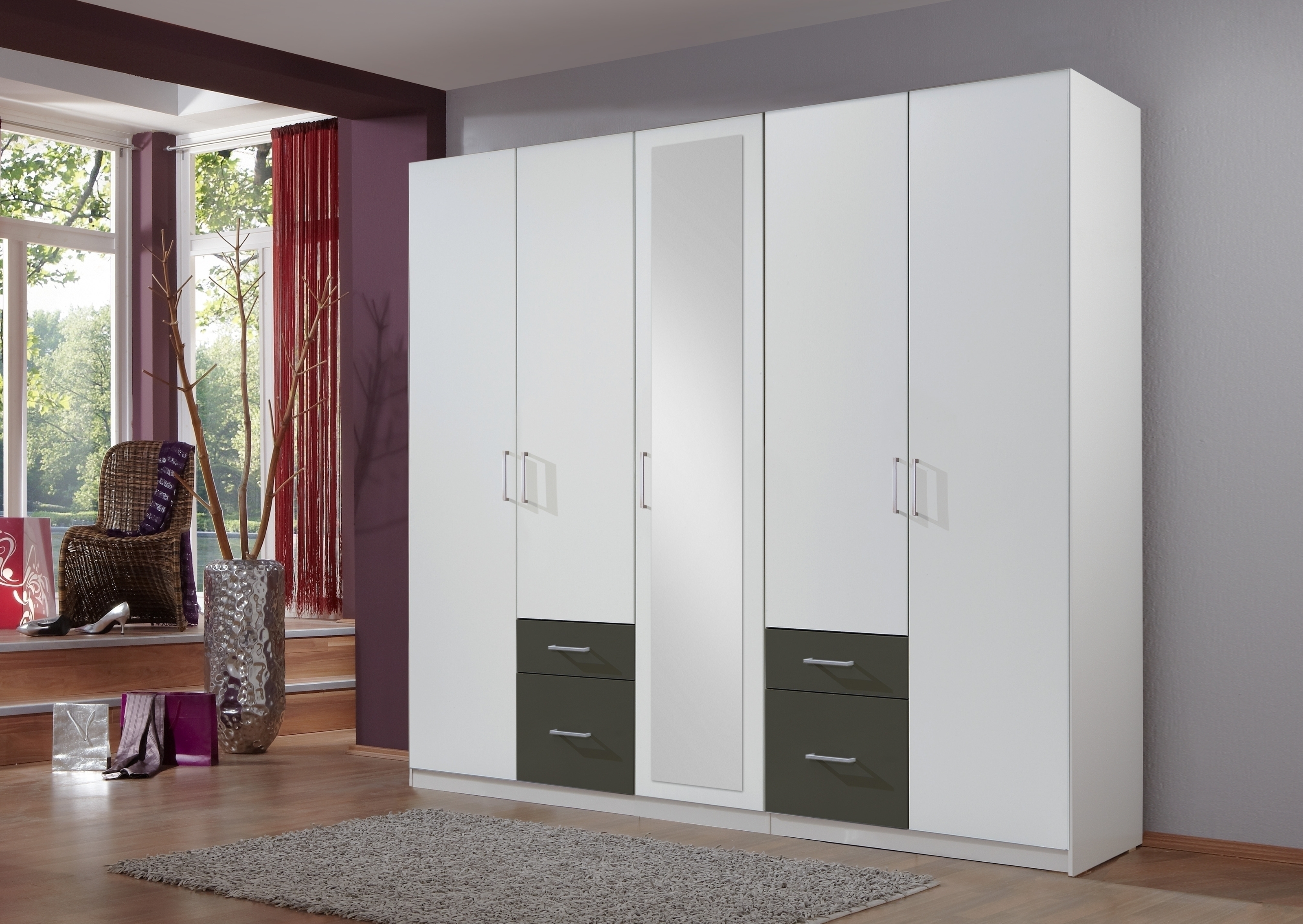 Drehtürenschrank >Freiburg< in WEISS + GRAPHIT - 225x208x58cm (BxHxT)