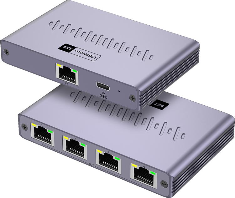 AIORBER RJ45 Gigabit Ethernet Splitter 1 auf 4, LAN Verteiler mit Aluminiumgehäuse, Plug & Play, stabile Verbindung bis 100 m, Grau