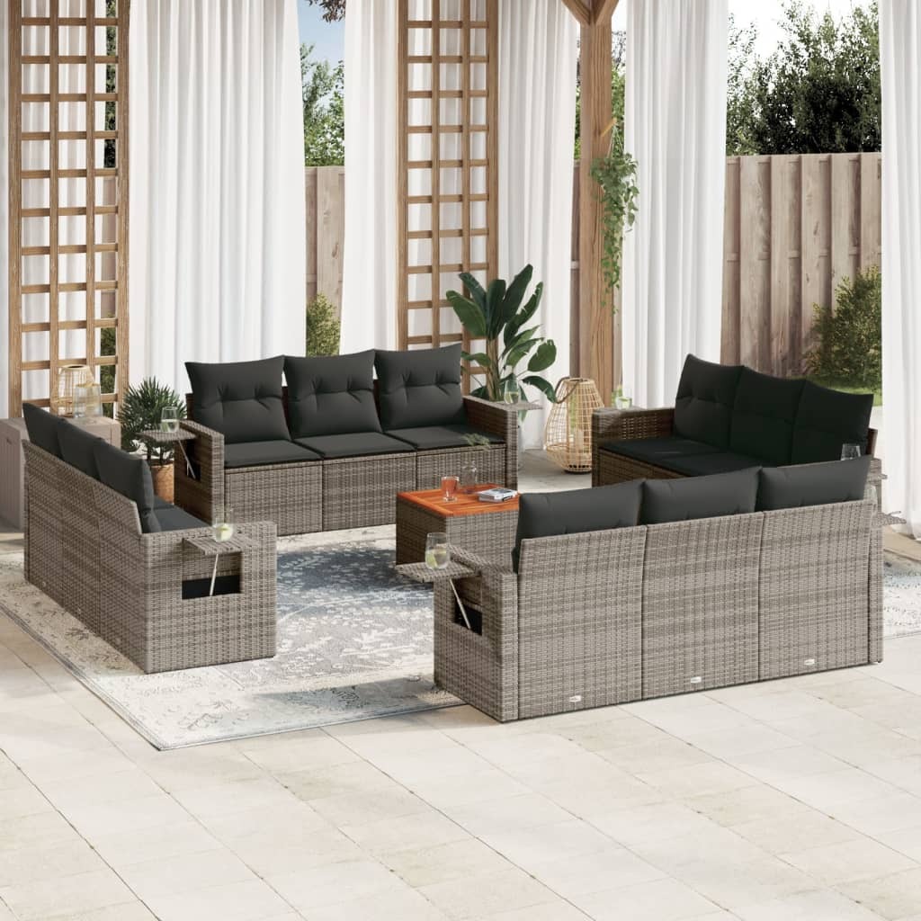 vidaXL 13-tlg. Garten-Sofagarnitur mit Kissen Grau Poly Rattan 3256830