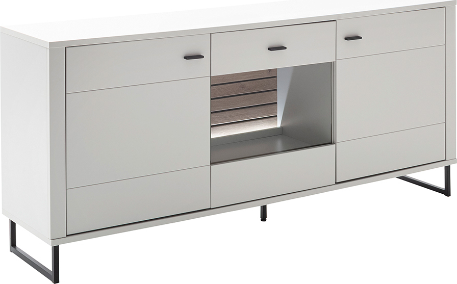 Lomadox Sideboard, weiß mit Eiche-Lamellen, LAUREANA-05, mit Beleuchtung LA05-LAUREANA-05-SET1
